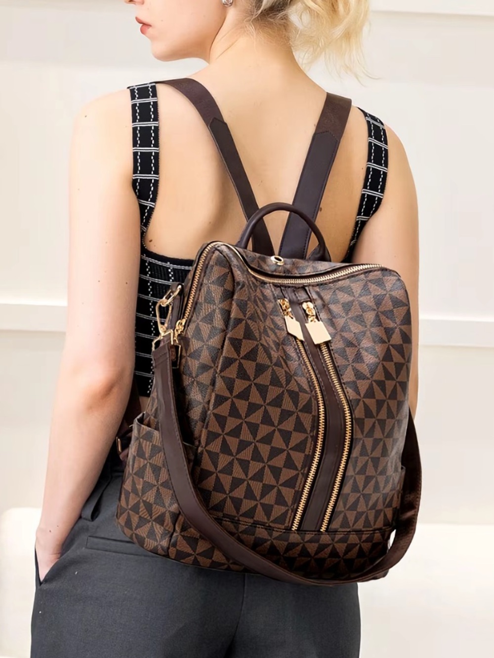 NWT Geometric Pattern Backpack Handbag with Wristlet - Matching 2 Piece Set